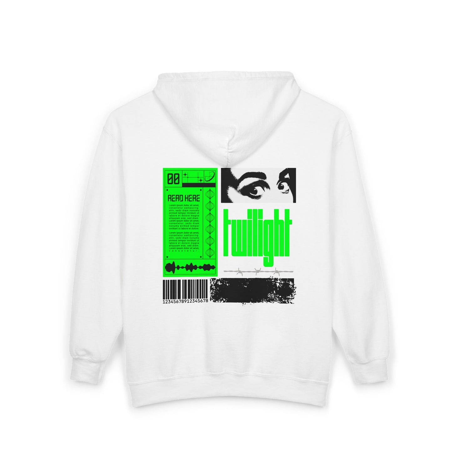 Retro Tech Graphic Zip Hoodie — Neon Green Collage Design
