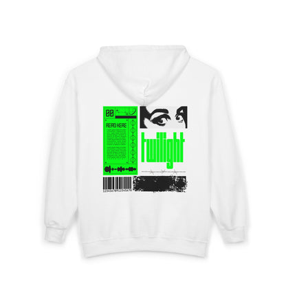 Retro Tech Graphic Zip Hoodie — Neon Green Collage Design