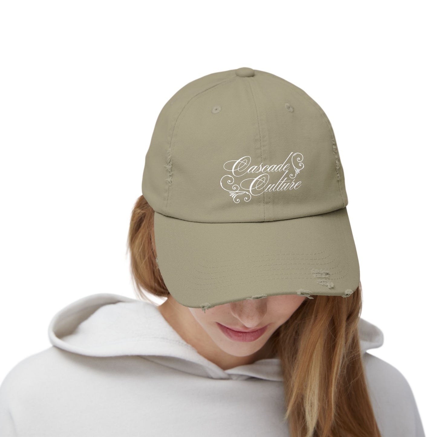 Distressed Embroidered Cap — "Cascade Culture" Script Logo