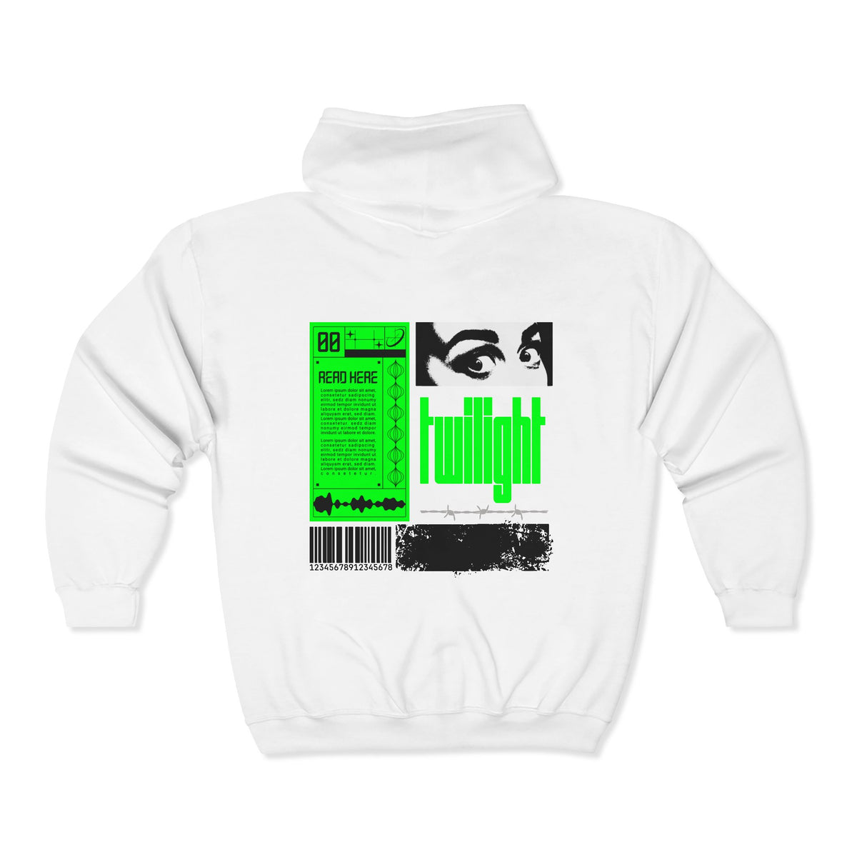 Retro Tech Graphic Zip Hoodie — Neon Green Collage Design