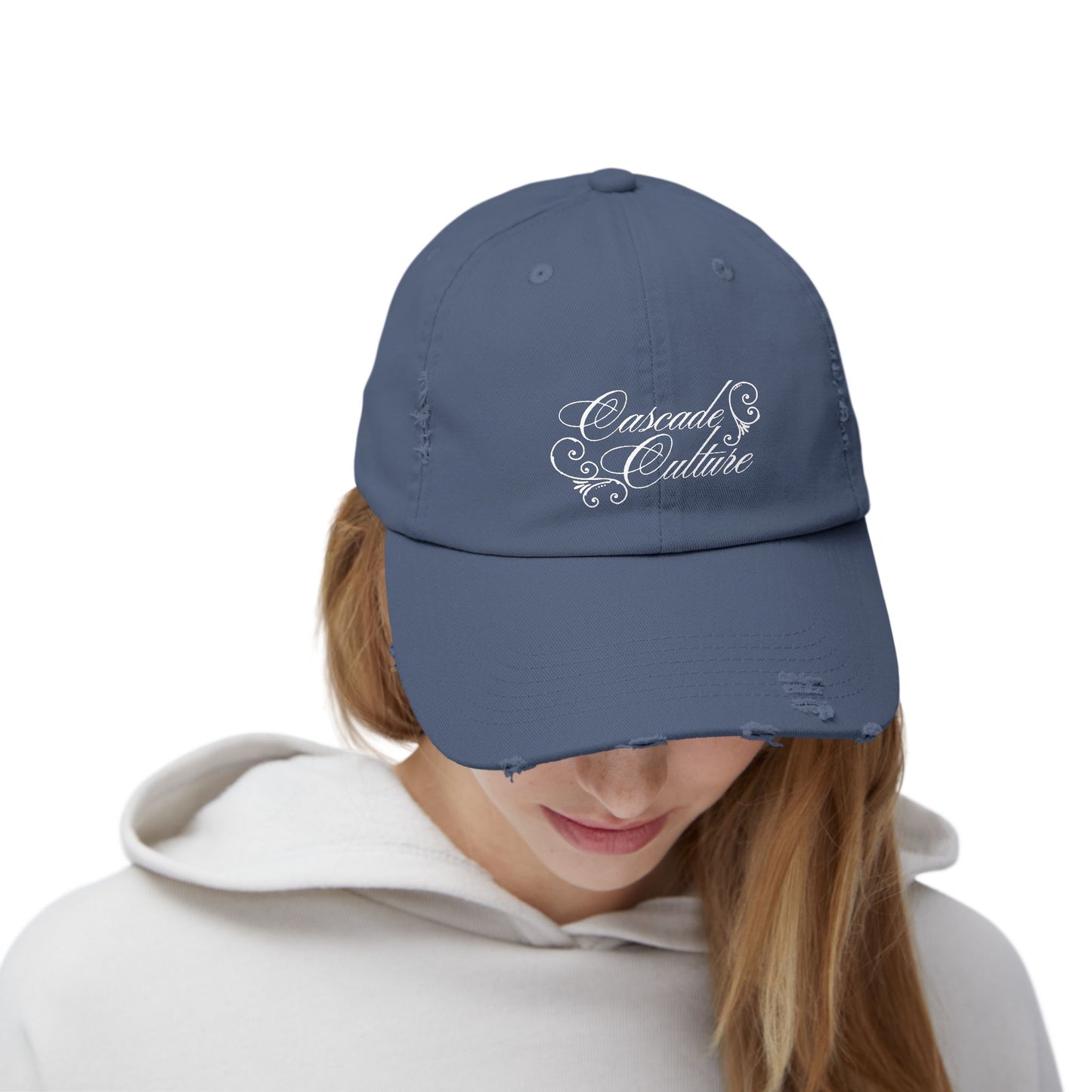 Distressed Embroidered Cap — "Cascade Culture" Script Logo