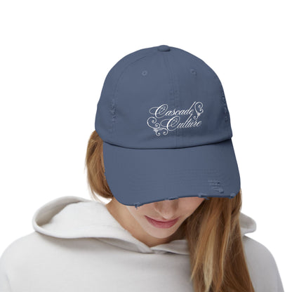 Distressed Embroidered Cap — "Cascade Culture" Script Logo