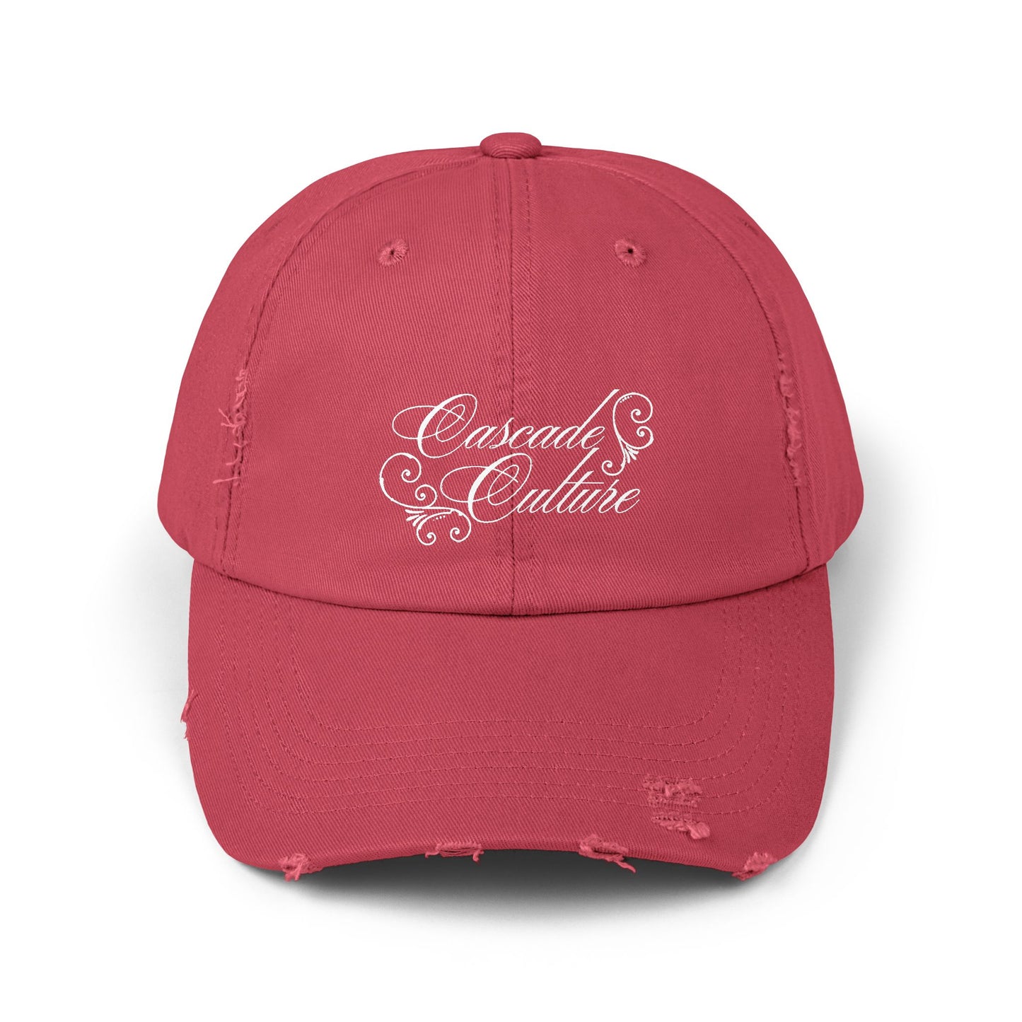 Distressed Embroidered Cap — "Cascade Culture" Script Logo