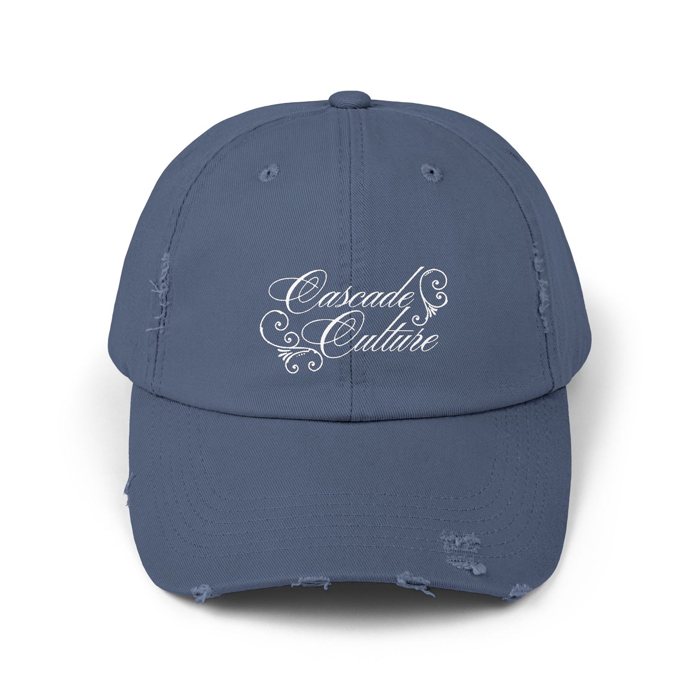 Distressed Embroidered Cap — "Cascade Culture" Script Logo