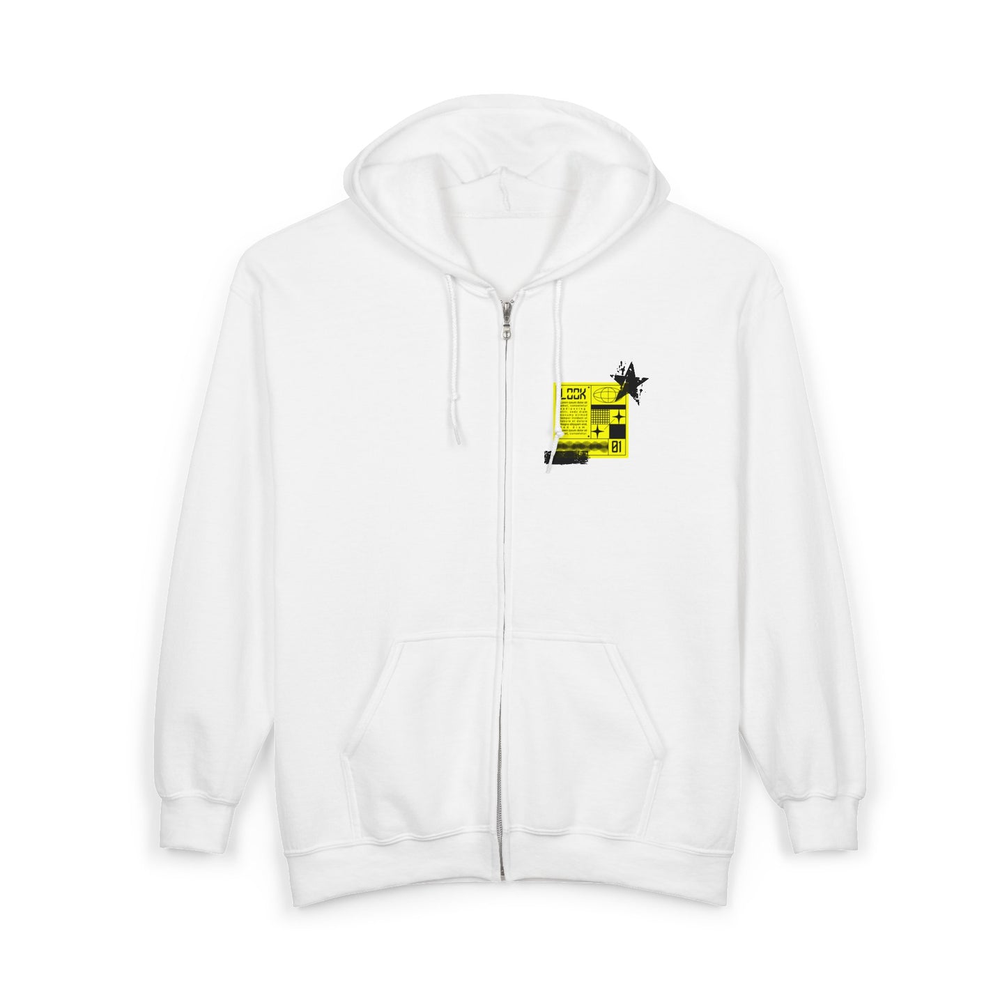 Retro Tech Graphic Zip Hoodie — Neon Green Collage Design