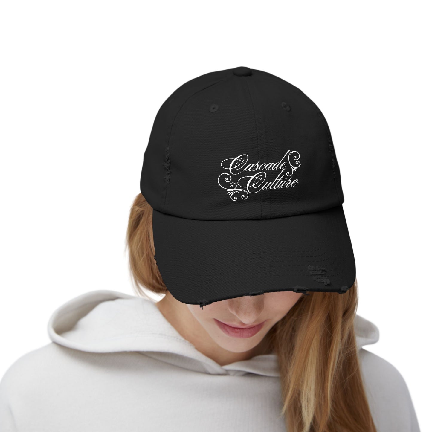 Distressed Embroidered Cap — "Cascade Culture" Script Logo