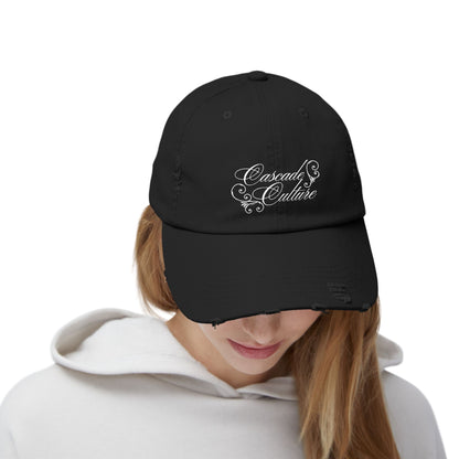Distressed Embroidered Cap — "Cascade Culture" Script Logo